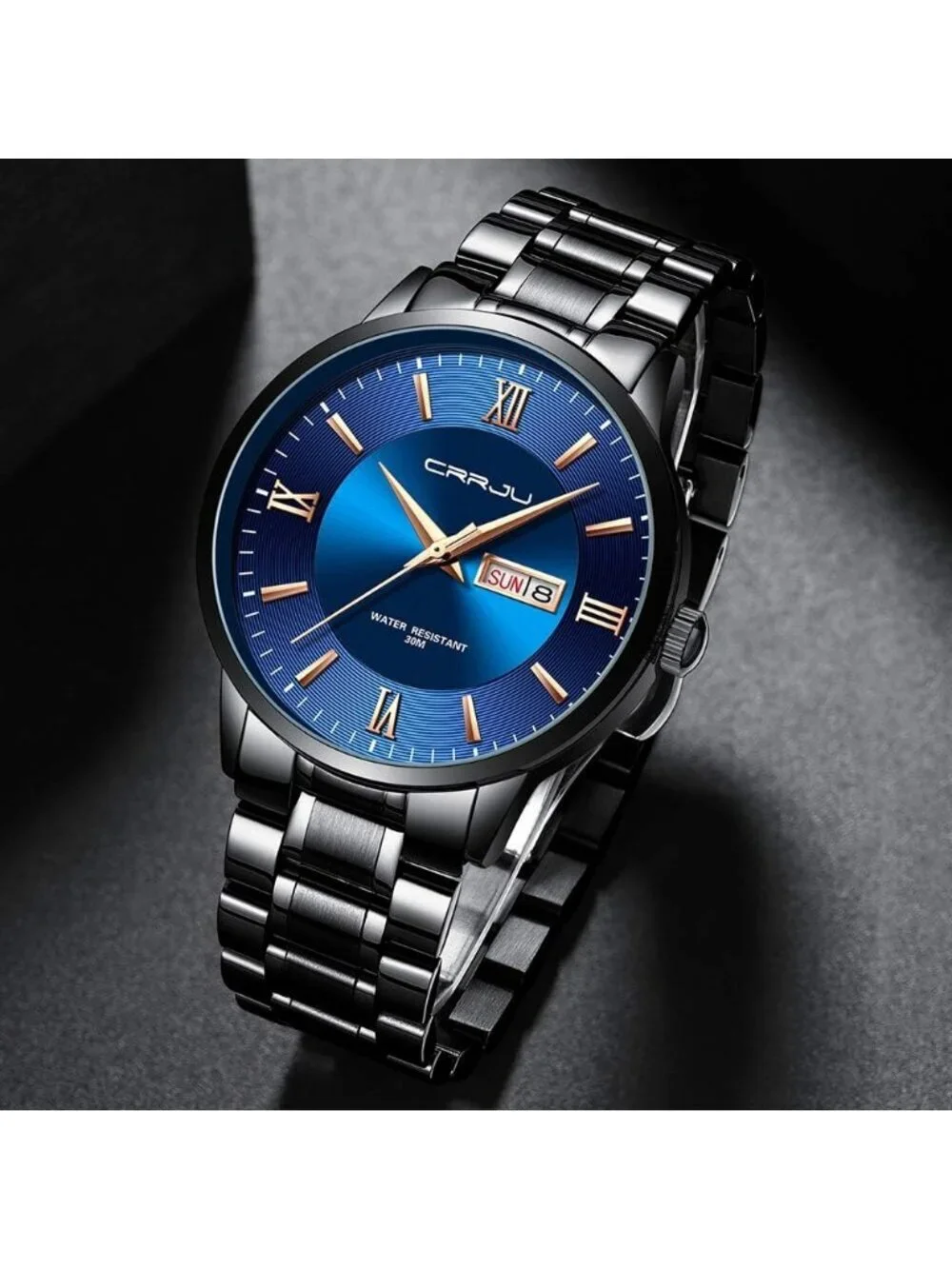 Men's Black Blue Luxury Stainless Steel Chronograph Analog Quartz Round Watch